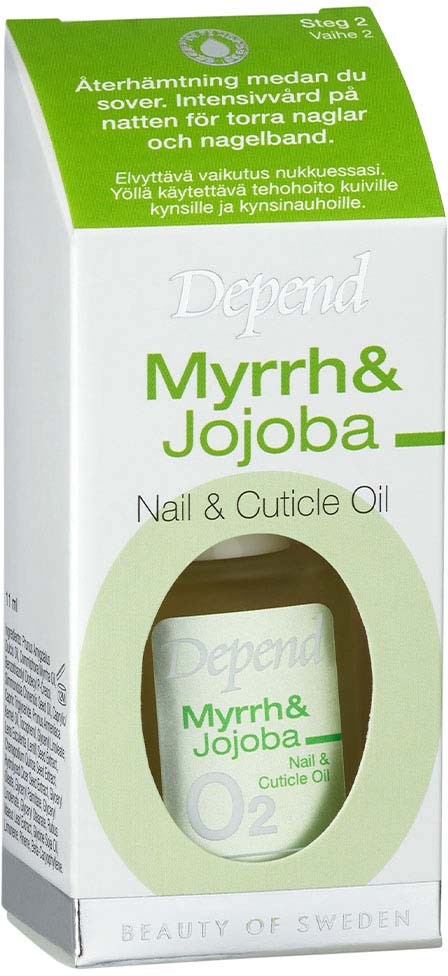 Nail and cuticle oil with Myrrh and Jojoba, in a green and white box from Depend, includes a small bottle.