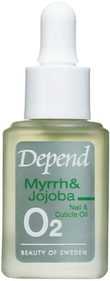 A small bottle of nail and cuticle oil with a dropper cap, labeled as containing myrrh, jojoba, and oxygen. 
