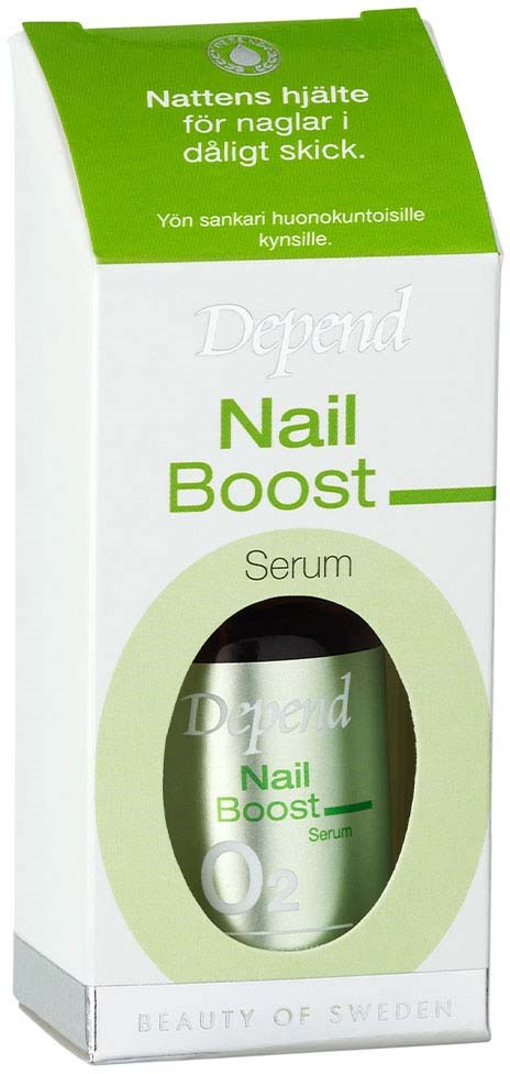A white and green box with a small dark bottle inside, labeled 'Nail Boost Serum'. The box has Swedish text and a logo.