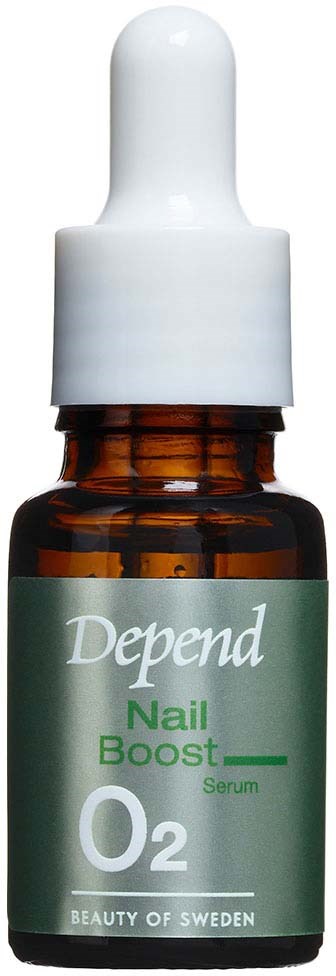 A small brown bottle with a white dropper cap, labeled 'Depend Nail Boost Serum O2'.