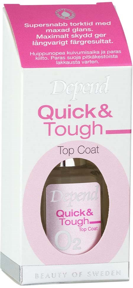 En hvit og rosa emballasje med tekst som promoterer et toppstrøk for negler, merket som 'Depend' og 'Quick & Tough.'