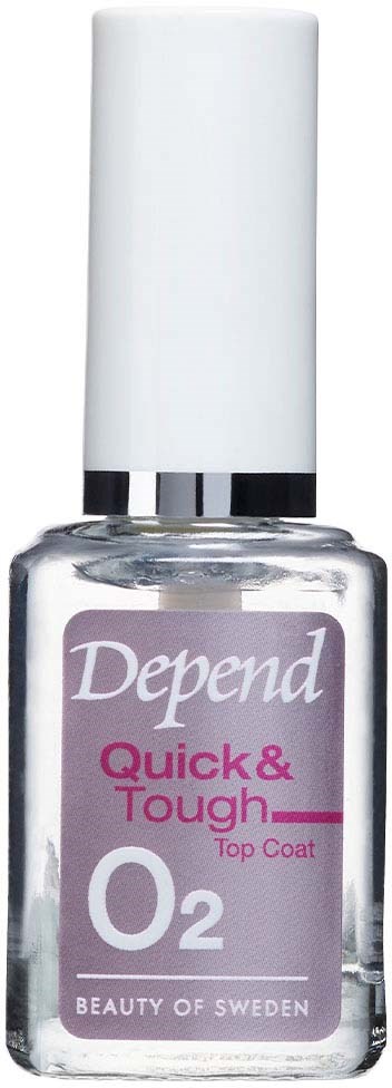 En klar neglelakkflaske med hvit lokk, merket "Depend Quick & Tough O2, Top Coat, Sweden."