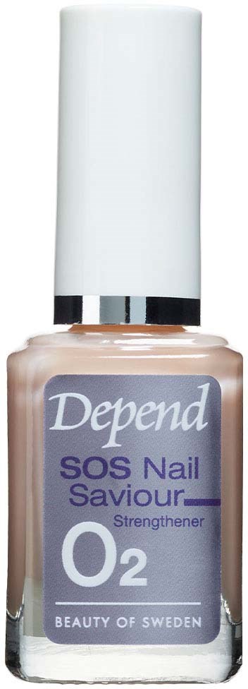 Nagellackflaska med vit lock, lila etikett och texten "Depend SOS Nail Saviour" och "Strengthener."
