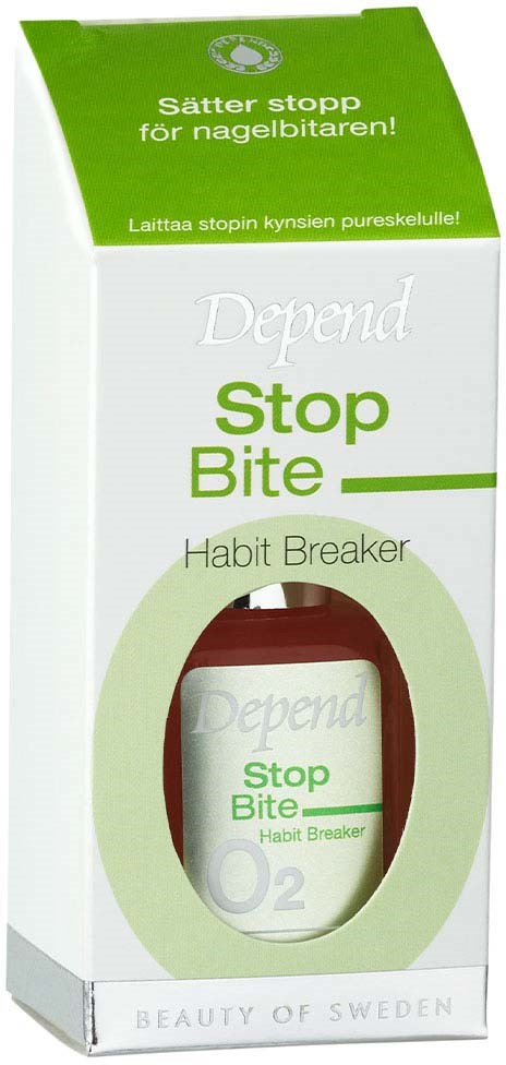 A white box with green top labels, holding a small bottle for stopping nail biting, with text in Swedish and English.