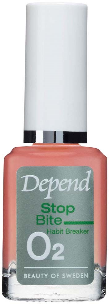 A bottle of Depend Stop Bite O2 Habit Breaker nail polish with a white cap and gray-green label.