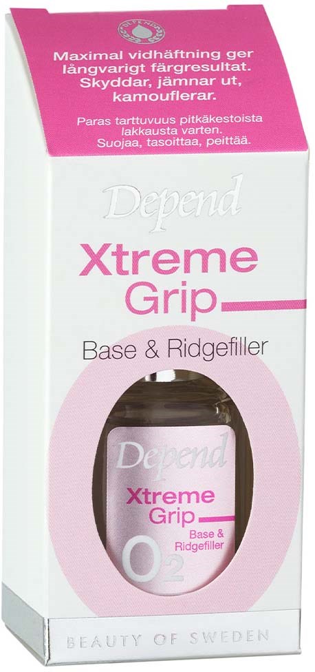 Pink and white packaging for a skincare product called Depend Xtreme Grip, which is a base and ridge filler.