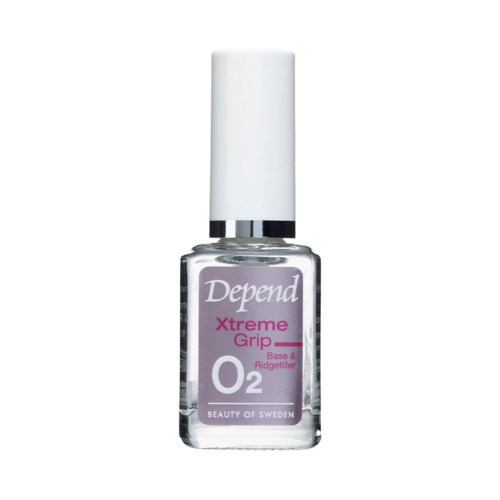 A clear nail polish bottle with a white cap, labeled 'Depend Xtreme Grip O2' for base and ridge filler.