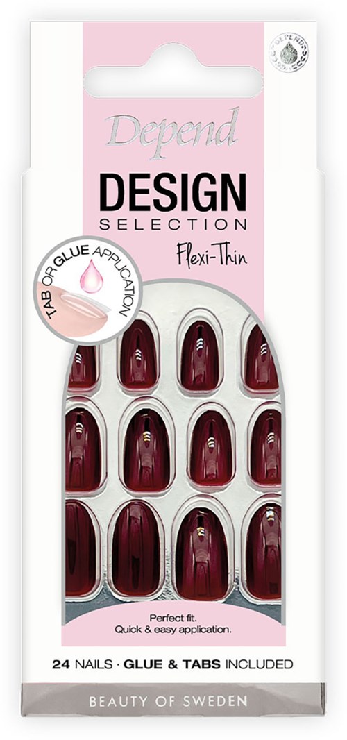 Red press-on nails in a box, 24 nails, with glue and tabs included, labeled as flexible and quick to apply.