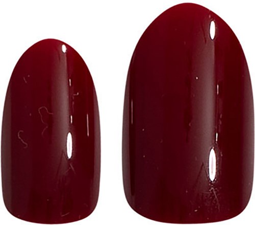 Two dark red, glossy, oval-shaped objects resembling fingernails with a smooth finish and slight reflections.