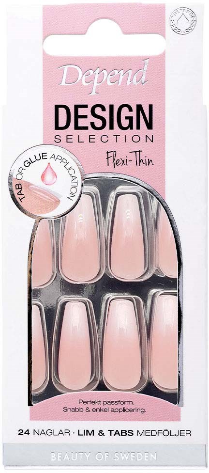 Packaging with pink nails, labeled "Depend Design," showing nail tabs for glue application, 24 pieces, Sweden.