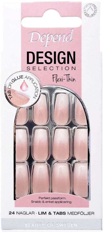 Nail tabs in a pink and silver package, labeled 'Depend DESIGN', 'Flexi-Thin', with 24 tabs inside.