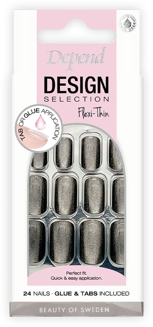 A box of 24 metallic fake nails with a logo and pink packaging, designed for easy, quick application.