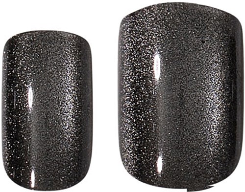 Two black nails with glittery, sparkly surface, one smaller and one larger.