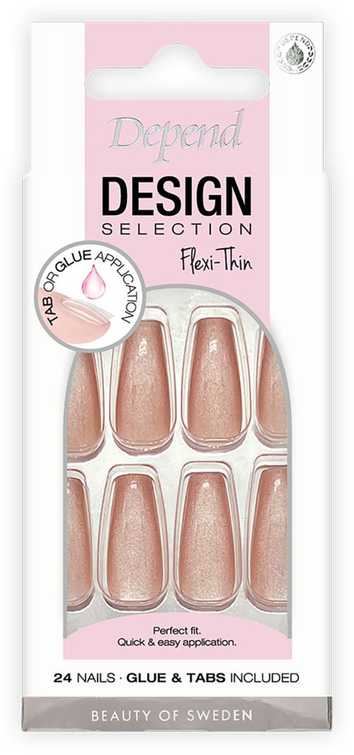 Nagellim i pink och vit förpackning med text, visar åtta naglar med glansig, beige färg.