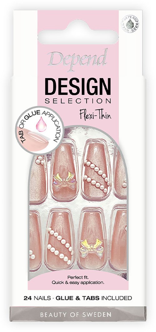 Förpackning för nagelklistermärken med olika mönster, inklusive pärlor och fjärilar, i en rosa och vit ask.