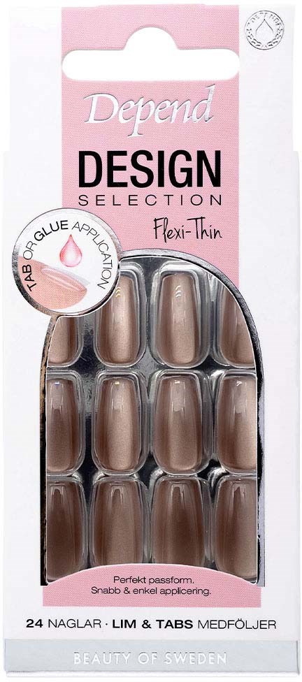 A pack of 24 beige nail tabs with a pink and white label, brand Depend, for flexible thin nails.