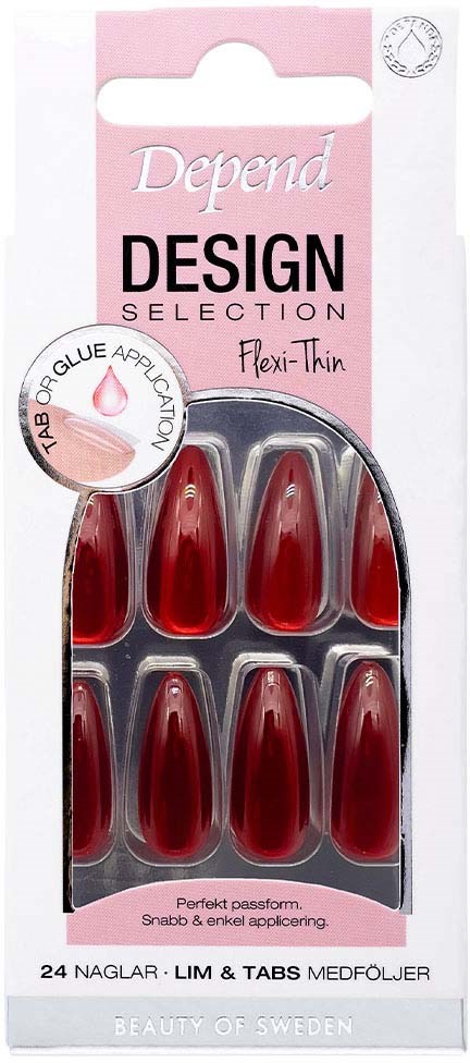 Red false nails with a glossy finish in a package labeled 'Depend Design'.