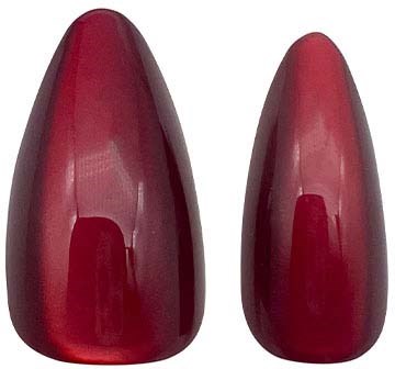 Two red, cone-shaped hairbrushes, one larger and one smaller, with rounded tips.