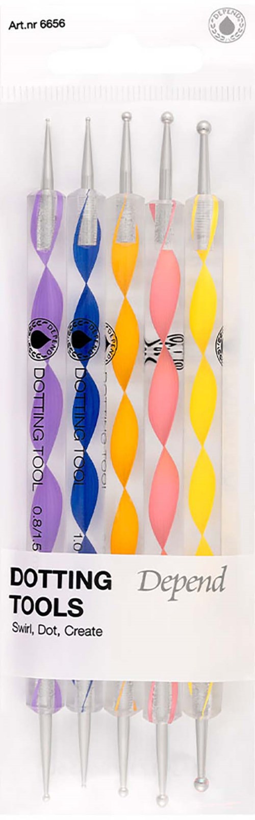 Set of colorful dotting tools with twisted handles, used for arts and crafts. Pack labeled Depend, swirl and dot create.