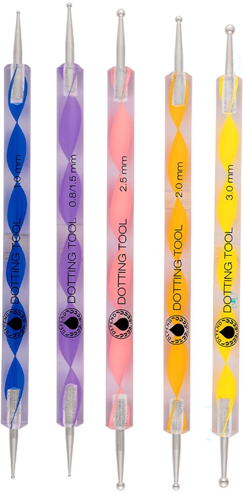 Five colorful dotting tools with different tip sizes from 0.8 mm to 3.0 mm. They are used for painting or decorating.
