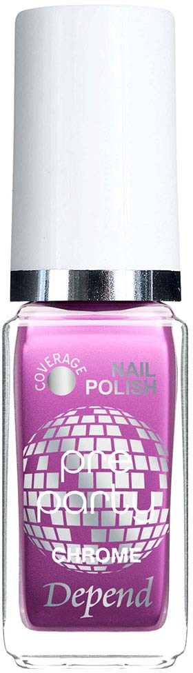 En rosa nagellackflaska med vit lock och silverring, märkt "Depend" och "Chrome."