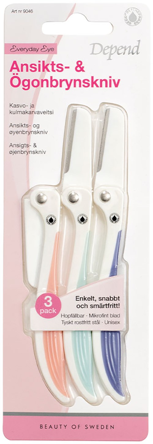 Set of three facial and eyebrow razor blades with colorful handles, designed for quick and easy grooming.