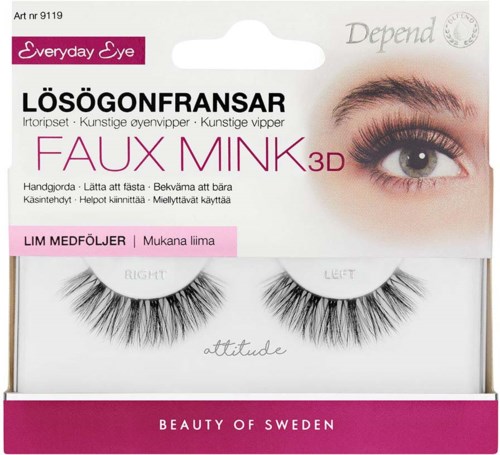 False mink eyelash extensions in packaging, with a close-up of an eye and product details in Swedish.