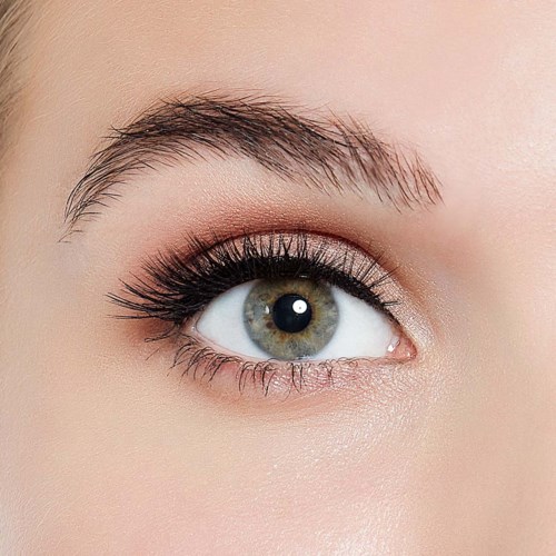 A close-up of a person's eye with makeup, featuring long eyelashes, a well-groomed eyebrow, and light skin.