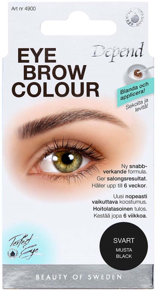 A package of eyebrow dye with an image of a green eye and instructions in Swedish for applying at home.