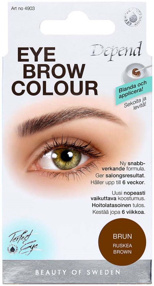 Packaging for eyebrow color with a close-up of a model's eye and eyebrow, instructions, and brand information.