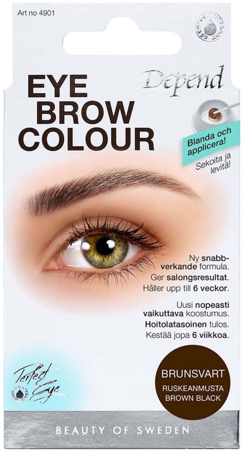 Schachtel für Augen- und Augenbrauenfarbe mit Nahaufnahme eines geschminkten Auges, Anleitungen und Markenlogo, hauptsächlich in Weiß und Braun.
