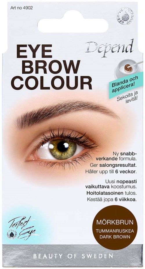 Eyebrow coloring kit with an image of a girl’s eye and dark brown color label, demonstrating product use.