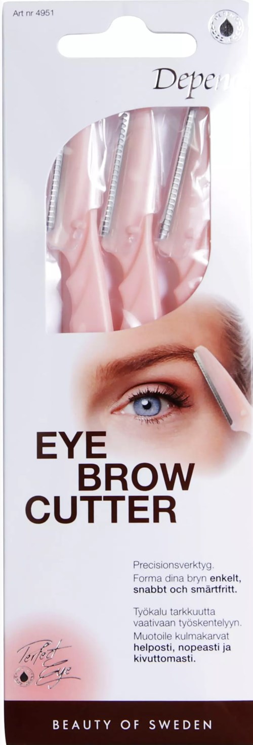 A pink eyebrow cutter tool with a metallic blade in clear plastic packaging. The box shows a blue eye with a brow pencil. Swedish text on packaging.