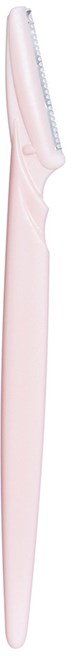 A pink grooming tool with a curved handle and a comb or brush on one side.
