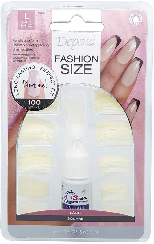 A box of false nail tips with a hand showing nails, labeled for size, with some nails painted black tips.