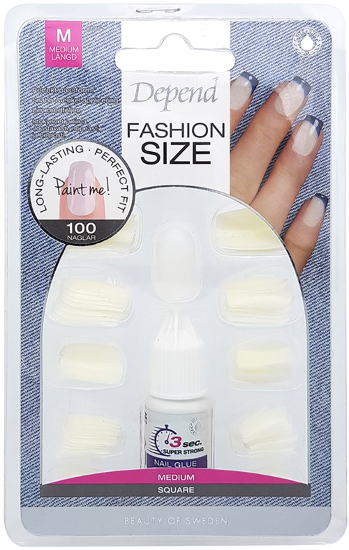 Nail stickers in a package, with various square designs, for decorating nails. Features depend on a brand called Depend.