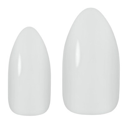 Zwei weiße, glatte, ovale Formen in unterschiedlichen Größen, wahrscheinlich Kunstnägel oder Fingernagelspitzen.