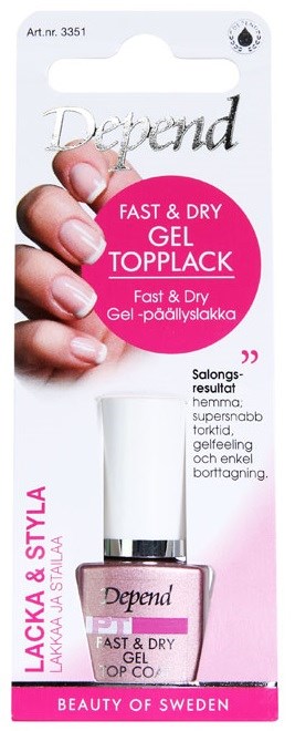 A bottle of Depend gel top coat inside a pink and white package with information about its fast and dry features.