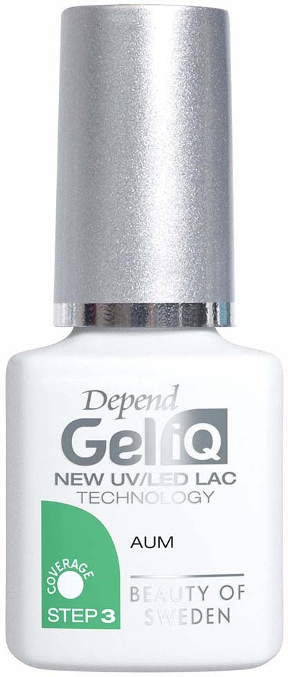 Valkoinen pullo hopeisella korkilla, merkattu 'Depend Gel IQ' kynsien hoitoon, sisältää 'Coverage Step 3' UV/LED-tekniikalla.