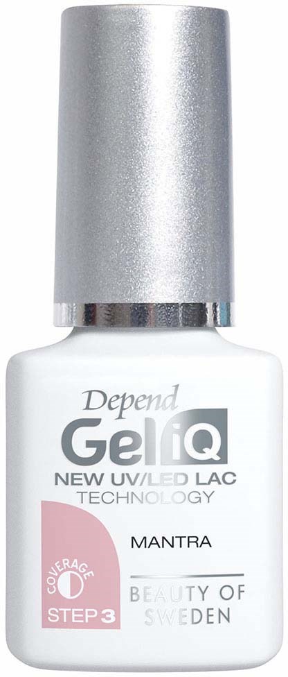 Valkoinen pullo hopeisella päällä, merkattu Depend Gel IQ, liittyy UV/LED-teknologiaan, sisältää vaaleanpunaisen osan ja tekstiä.