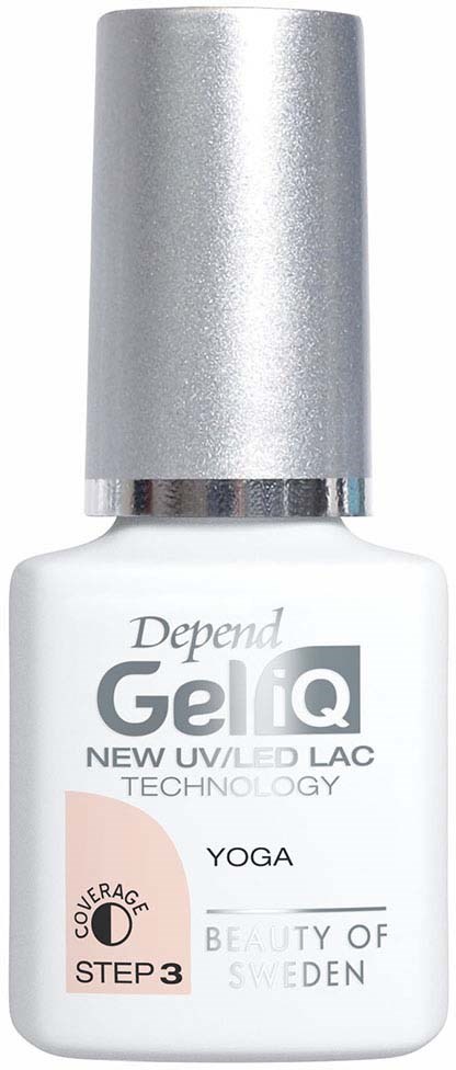 A small white bottle with a silver cap, labeled 'Depend Gel IQ' for UV/LED nails, with details about coverage and technology.