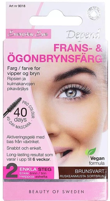 Eyebrow and eyelash dye kit, with a woman's face showing her eye and brow, includes vegan formula, long-lasting results.