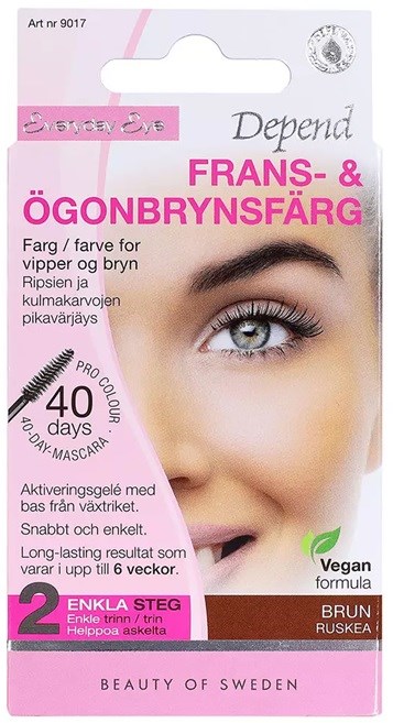 Package with pink and white design, shows an eye and text about a color product for eyebrows and eyelids.