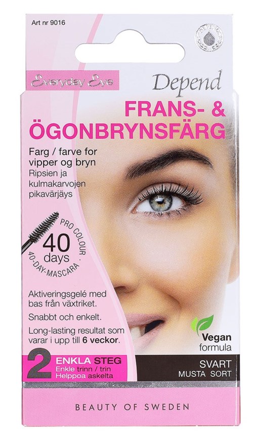 Die Verpackung zeigt ein Frauenauge mit Make-up-Details und enthält Mascara für Wimpern und Augenbrauen, hält bis zu 40 Tage.