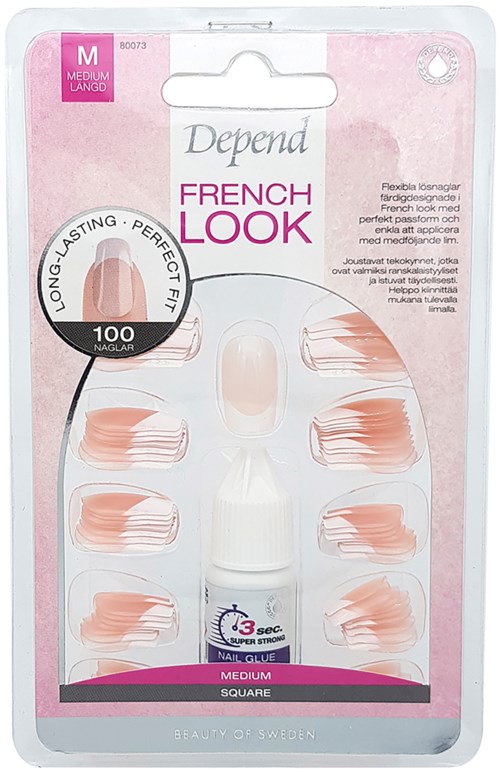 Nail stickers in a plastic pack, labeled 'Depend French Look,' with various pink and beige designs for 100 short nails.
