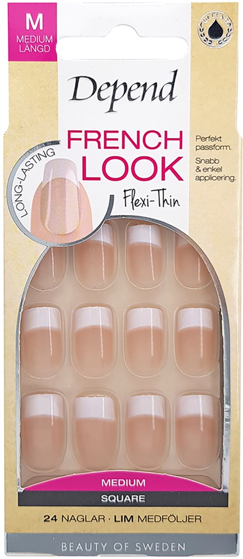 A package of fake nails with 24 medium square-shaped tips, labeled as Depend French Look, median size, and long-lasting.