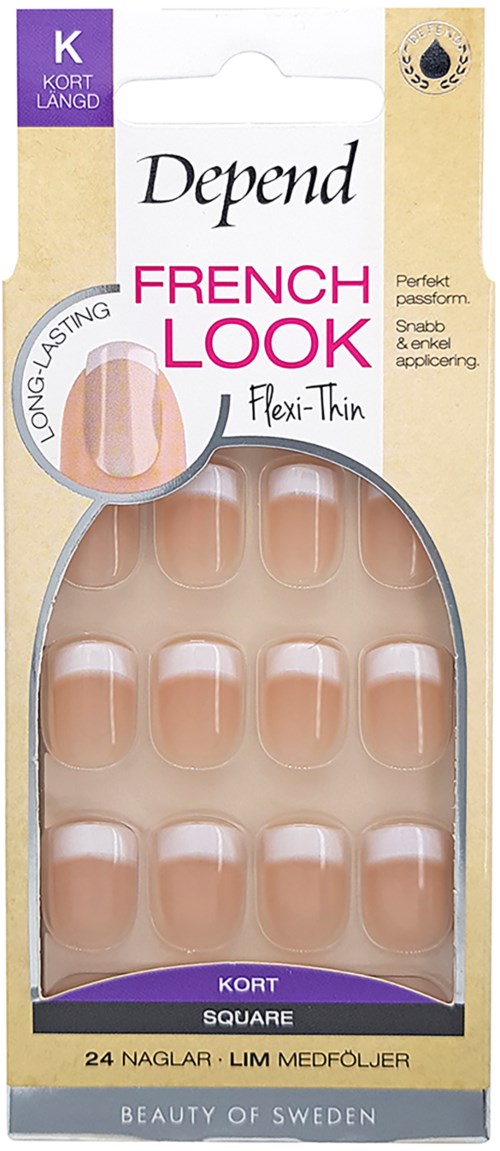 A package of short, square fake nails labeled 'French Look' for a natural look. Contains 24 nails for nail extension.