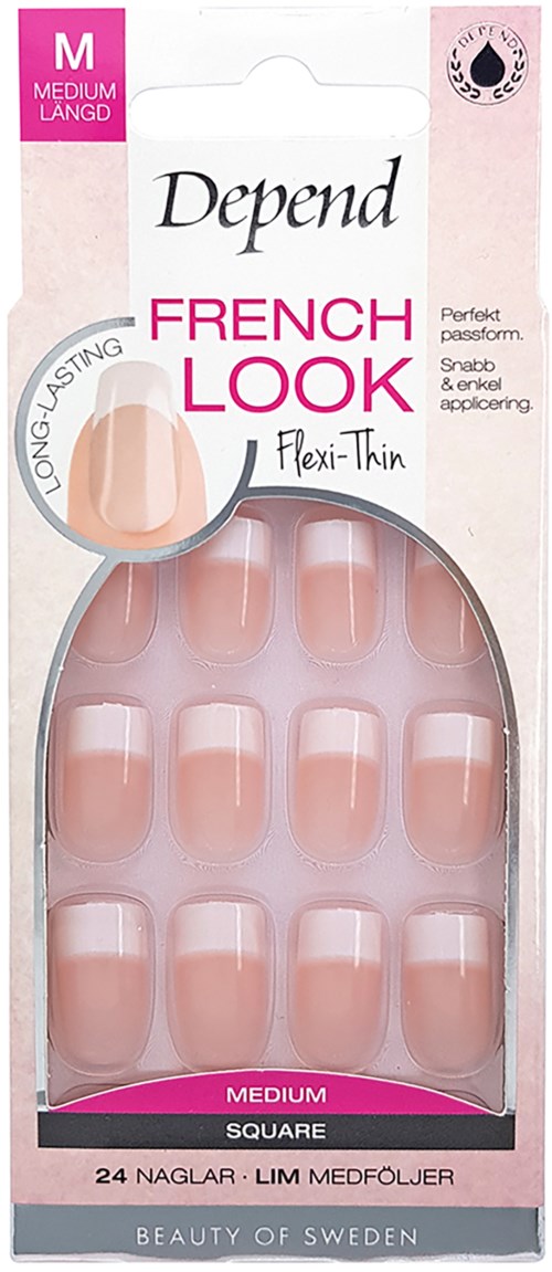 Press-on nails in medium square shape, light pink color, with flexible-thin design, from Depend's French Look collection.