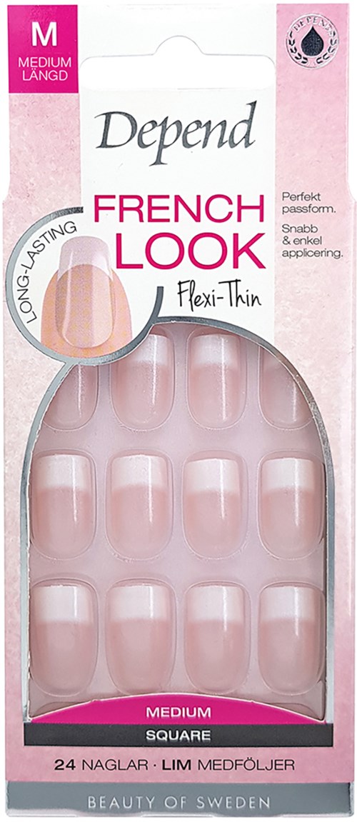 Pack of pink nail tips labeled 'Depend French Look' for medium square nails, flexible and long-lasting.