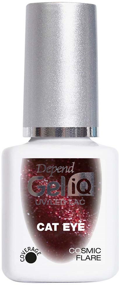 White bottle of cat eye gel nail polish with silver cap, saying "Depend Gel iQ CAT EYE" and "COSMIC FLARE."